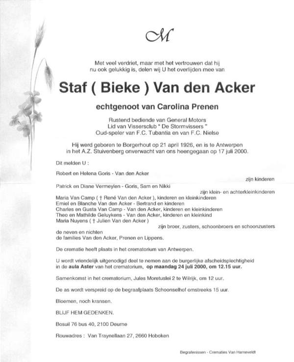 Overlijdensbrief Staf Van Den Acker